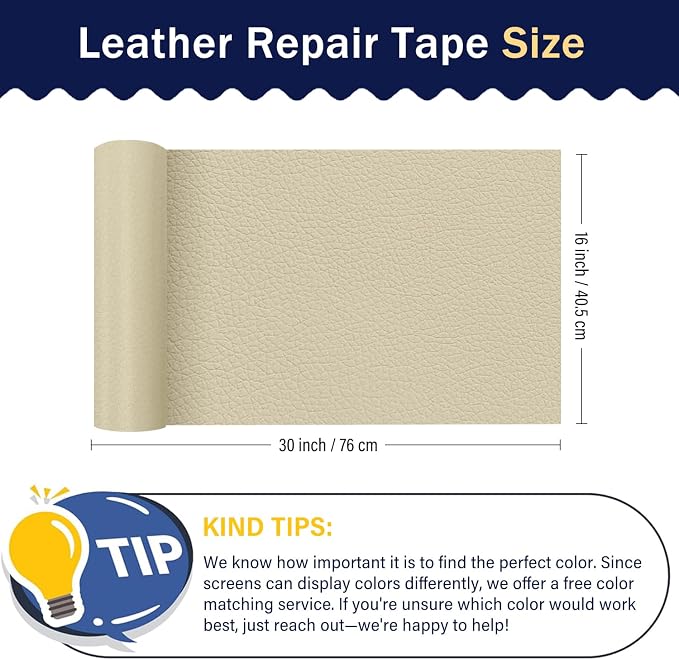 Zenyao Leather Repair Patch Tape - Self Adhesive Leather Repair Kit for Car Seat Furniture, Heavy Duty Vinyl Repair Patch for Couch Sofa, Waterproof Fix for Tears, 12x30 Inch Roll, Off White