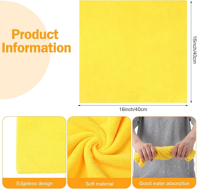 Tallew 16 Pcs Car Microfiber Towels Buffing Drying Wash Cleaning Cloths Plush Large Towels Thick Care Polishing Detailing Waxing Scratch Proof Towel, 15.75 x 15.75 Inch (Yellow)