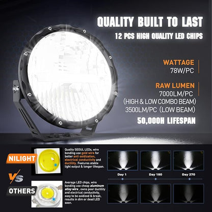 Nilight 9 Inch Round Offroad Light 2 PCS 120W High Low Beam IP68 LED Driving Lights Pods Built-in EMC with 14AWG DT Connector Wiring Harness Kit for Truck ATV UTV SUV