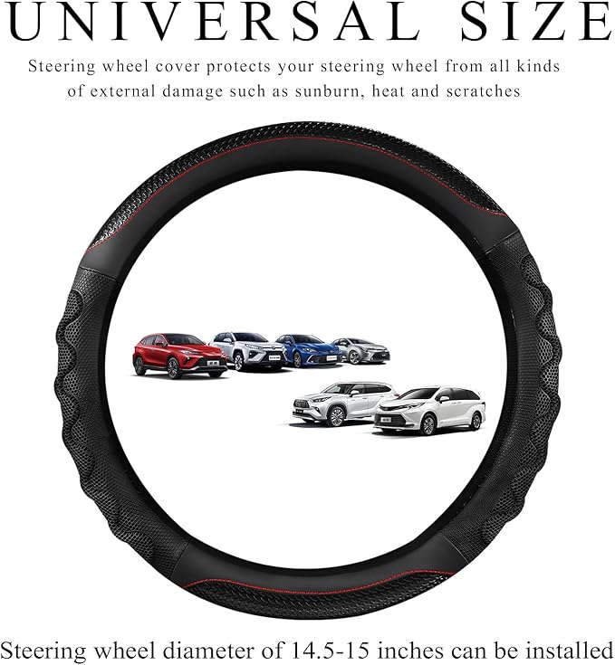 Car Steering Wheel Cover, 15 Inch Anti-Slip Steering Wheel Cover Protector with 3D Honeycomb Design, Universal Steering Wheel Covers for Truck SUV, Car Accessories (Black,Round Shape)