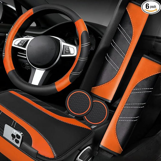 NBTEPEM 6 Pcs Orange Car Accessories Set, Sport Leather Steering Wheel Cover 14.5-15inch Universal, Microfiber Leather Car Center Console Cover, Seat Belt Cushion, Cup Holder Coaster (Black-Orange)