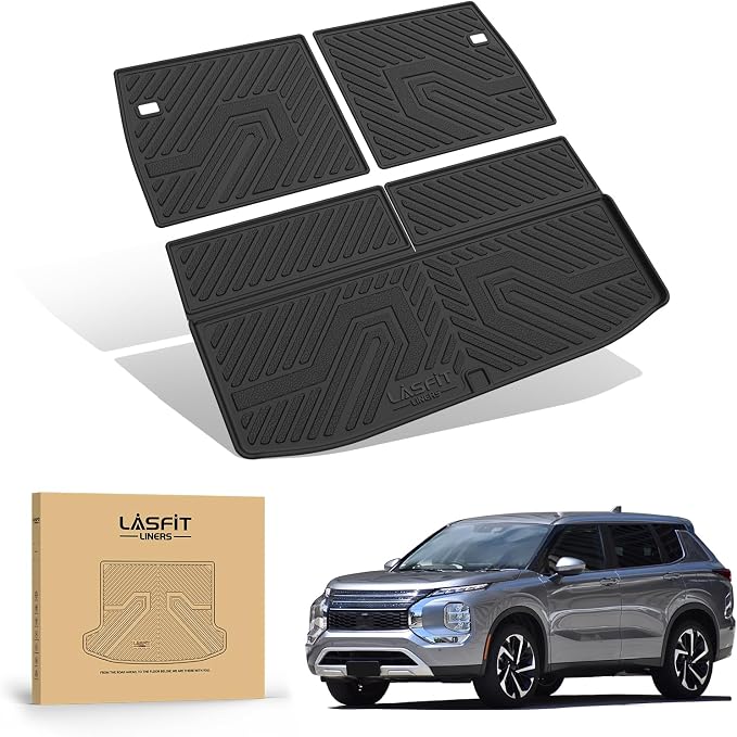 LASFIT Trunk Mat & Backrest Mats for 2022-2025 Mitsubishi Outlander (Not Fit PHEV or Sport Models), Custom Fit Full Coverage TPE All-Weather Cargo Liner for Mitsubishi Outlander Accessories, Black