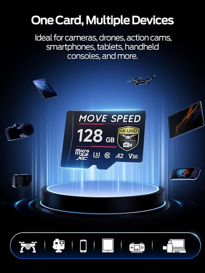 MOVE SPEED 128GB Professional microSDXC Memory Card, U3 V30 A2, Up to 170MB/s Read, 4K UHD Recording, High-Speed TF Card for Cameras, Drones, Dash Cams, Android & Handheld Gaming