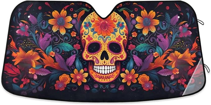 Windshield Sun Shade Abstract Sugar Skull Front Window Block UV Shades Visor Reflective Retractable for Car SUV Trucks