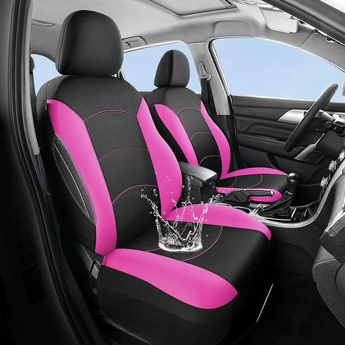 HChengkikz Car Seat Covers Front Seat, Waterproof Neoprene Car Seat Covers, Airbag Compatible, All Season Protection Universal Fit Most Cars, Trucks, SUVs (Black + Pink)