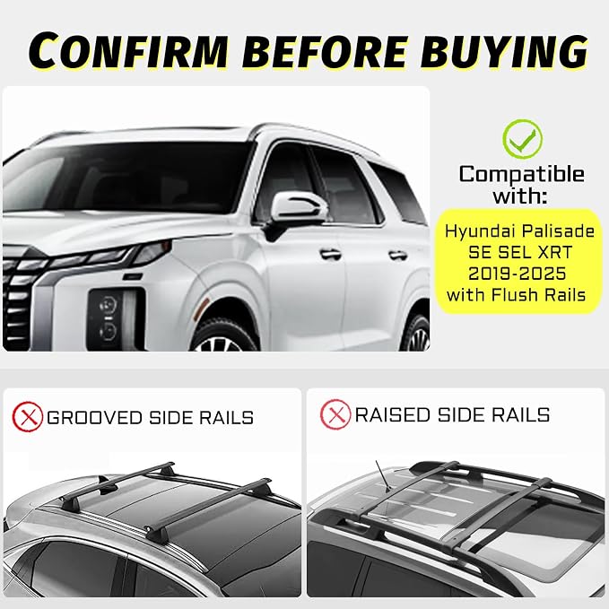 Gdydi 220lbs Car Roof Rack Cross Bars Compatible with 2019-2025 Hyundai Palisade SE SEL XRT (Fit for Flush Side Rails), Aluminum Lockable Roof Cross Bars for Kayak Bike Rooftop Cargo Carrier Bag