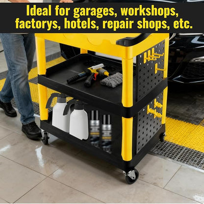 Auto Detailing Cart with Wheels, 3 Tier Car Detailing Cart with Hanging Boards & Hooks, Car Wash Rolling Organizer Cartfor Garage Workshop DIY Home