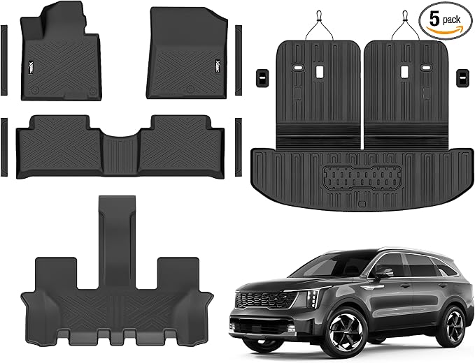 Floor Mats for 2021-2026 Kia Sorento 6&7 Seats (not for Hybrid) Trunk Mat with Backrest Mat All Weather TPE Rubber Cargo Liner Back Seat Cover 3rd Row for 2026 Kia Sorento Accessories