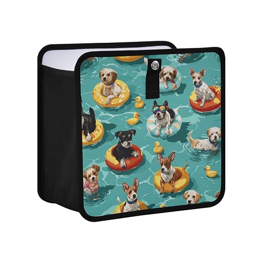 Car Trash Can Organizer Bin with Adjustable Strap for Back Front Seat Console Waterproof Leakproof Collapsible Portable 8.66 Inch Teal Swimming Pool Dogs and Ducks