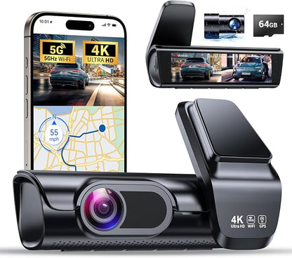 OVAMAN K600 4k Dash Cam Front and Rear, 3.59" IPS Screen, Built-in GPS 5G WiFi Dash Camera for Cars with App, UHD 2160P Night Vision Free 64G SD Card, 170° Wide Angle, HDR, 24H Parking Mode