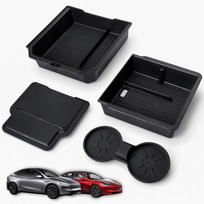 Center Console Organizer Set for Tesla Model Y Juniper (Premium & Performance 2025/26) and Model 3 Highland (All Trims 2024/25/26) – 4PCS Tesla Interior Accessories – Black