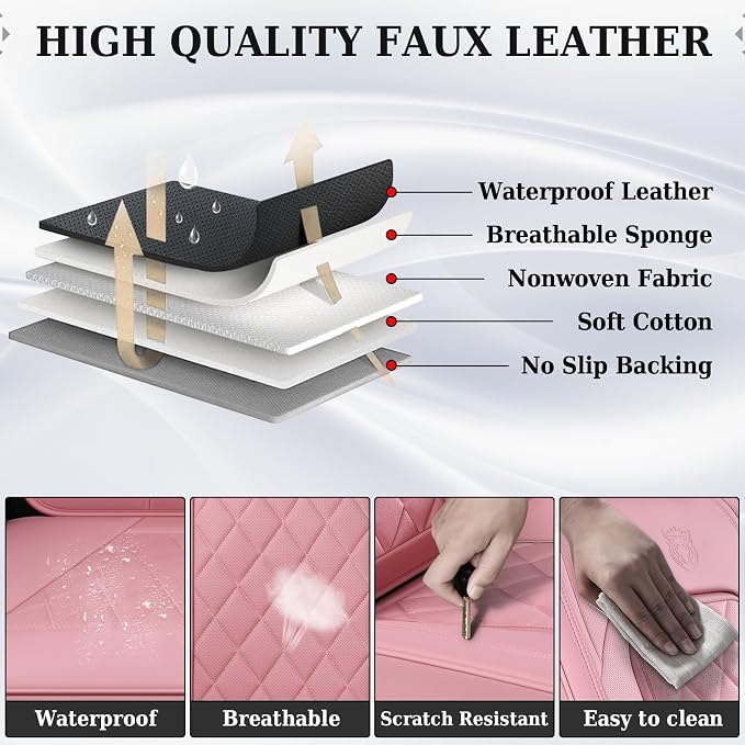 Coverado Car Seat Covers Full Set, Pink Leather Seat Covers for Cars, Universal Waterproof Car Seat Cover, Luxury Front and Back Car Seat Protector, Automotive Seat Covers Fit for Most Cars, Pink