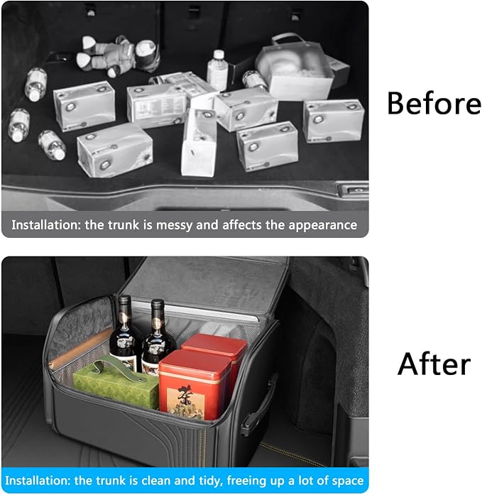 TOPABYTE Car Trunk Organizer with Lid and Sturdy Handle Foldable Durable Premium Leather Storage Box Cargo for BMW SUV Sedan Truck, Black, Small