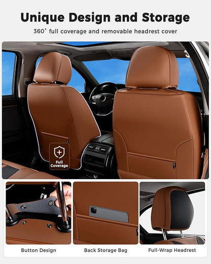 Huidasource Seat Covers Luxury Nappa Leather, Car Seat Covers Full Set with Velcro Adjustable, Airbag, Lumbar Support, Cooling＆Heating, Brown Car Seat Cover Fit for Most Cars SUV Trucks, Brown＆Black