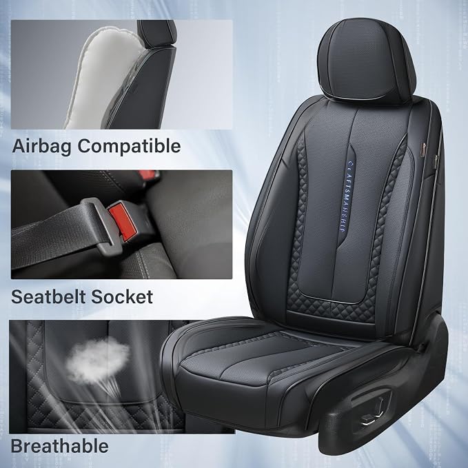 Coverado Car Seat Cover Full Set, Black Seat Covers Front Seats Back Seat Covers, Nappa Leather Waterproof, Car Seat Cushion, Car Seat Protector Universal Fit Most Cars