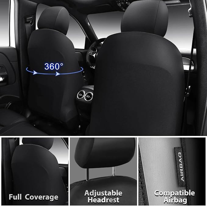 CAR PASS Memory Foam Car Seat Covers Full Set,Breathable Mesh Thick Seat Covers for Car,Gray Metal Film Leather Seat Covers,Universal Automotive Comfort for Most Car,Truck,Airbag Compatible,Black Gray