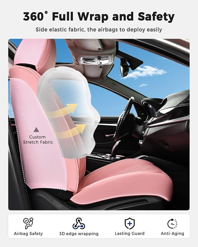 Huidasource Car Seat Covers Full Set, Universal Fit for Most Cars SUV Trucks, Full Coverage Nappa Leather Seat Cover, Airbag, Cupholder Compatible, Velcro Adjustable, Seat Function Retain, Pink