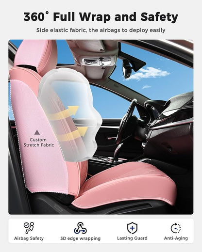 Huidasource Car Seat Covers Full Set, Universal Fit for Most Cars SUV Trucks, Full Coverage Nappa Leather Seat Cover, Airbag, Cupholder Compatible, Velcro Adjustable, Seat Function Retain, Pink