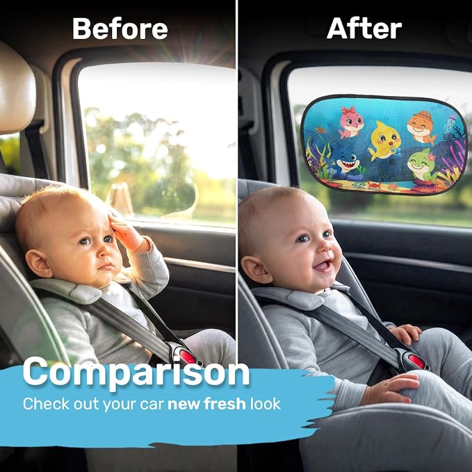 GENANY 2pcs Baby Shark Window Sun Shade for Sedan SUV Truck (21x14 Inches), Sun Shades for Side Window, Accessories for Kids, Baby Window Shades, Summer Car Decor