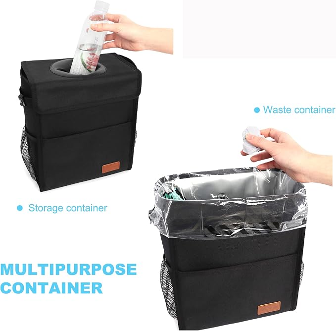 Leak Proof Car Trash Bag Waterproof Garbage Can with Lid for SUV Front Seat Multipurpose Car Hanging for Headrest Collapsible and Portable with Storage Mesh Pocket, Large/ Black