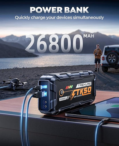 TREKURE Car Battery Jump Starter 8000A 26800mAh, Portable Car Jump Starter for All Gas and 12L Diesel Engines, Power Bank & Battery Jumper, Portable Jump Box Car Battery with Fast Charge, LED Light