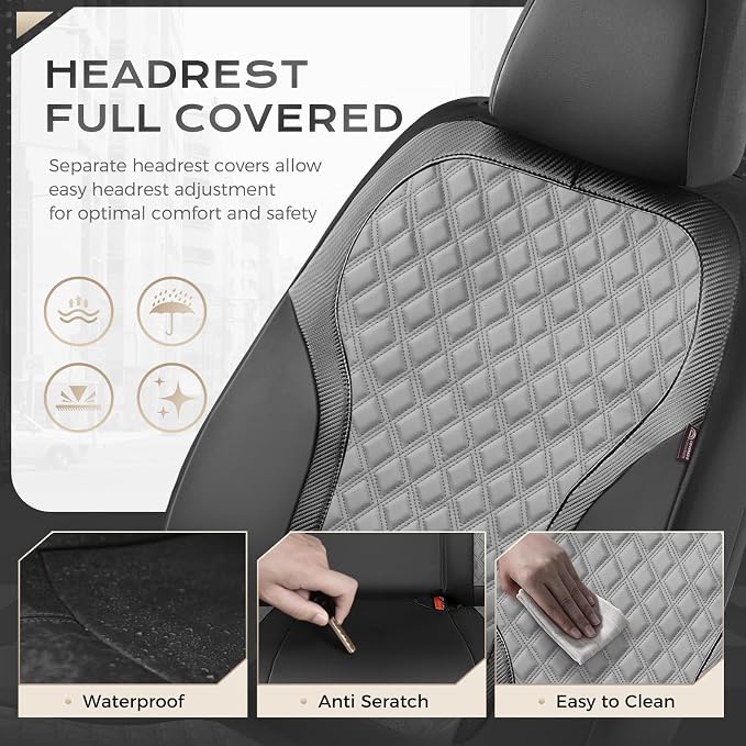 Coverado Car Seat Covers for Front Seats, Luxury Leather Car Seat Cover with Carbon Fiber Weave, Waterproof Automotive Seat Protectors 2-Pack, Driver Seat Covers Universal Fit Most Cars, Black&Gray