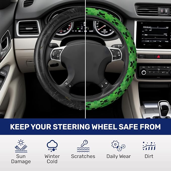 GENANY Pixel Zombie Steering Wheel Cover, Non Slip Polyester Car Wheel Protector for Car SUV Truck, Universal 15 Inch