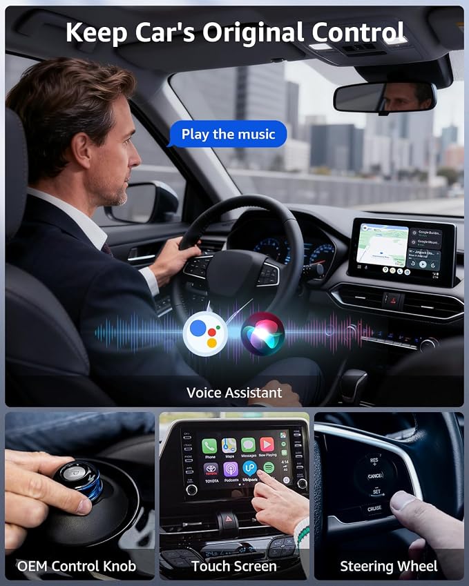 2-in-1 Wireless CarPlay & Android Auto Adapter, 50% Smaller, Converts Wired to Wireless, Zero Latency, Auto-Connection, Plug & Play Adapter for Apple iPhone iOS 10+ & Android 11+