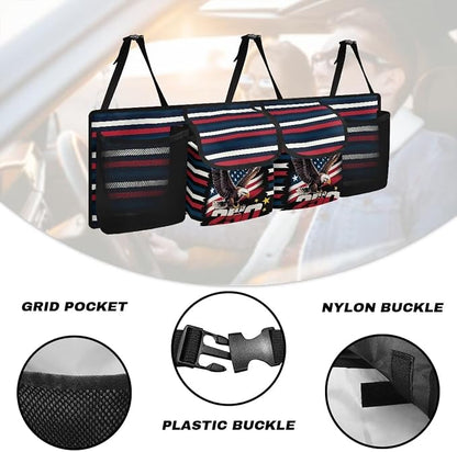 Eagle Flag Hanging Car Organizer Backseat Hanging Storage Bag with 4 Pockets & 3 Adjustable Straps Large Capacity Cars Trunk Organizer Suitable for Most Cars,SUV,Sedan