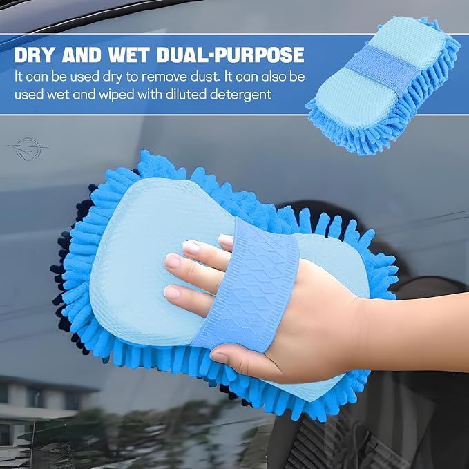 2PCS Microfiber Car Wash Sponge, Double Sided Chenille Microfiber Car Wash Mitt, Scratch Free & Lint Free, Absorbent Automotive Washing Sponges, Auto Cleaning Supplies (Light Blue)