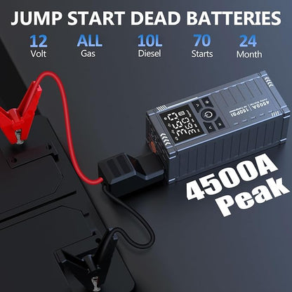 Car Battery Jump Starter with Air Compressor - 4500A 150PSI Portable Car Jump Starters (All Gas/10L Diesel) with Tire Inflator, 12V Car Battery Jump Box with Jumper Cables, LCD Display, LED Light