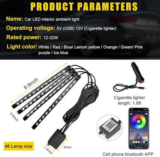 povtii Car Led Interior Lights, RBG 48 LED Multicolor Music Auto Interior Strip Light with APP Control, Waterproof Lighting Lamp Kit Under Dash with Charger, Car Accessories (Cigarette Lighter)