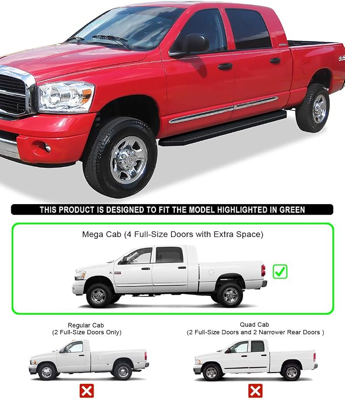 APS Black Stainless Steel Running Boards Style Compatible with Dodge Ram 1500 2006-2008 Mega Cab & Ram 2500 3500 2006-2009 (Side Steps Side Bars) 6in Wide