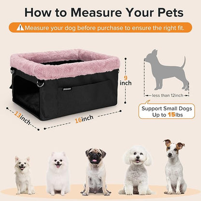 JOEJOY Deluxe Dog Booster Seat with Sturdy Metal Frame and Safety Leash for Small Pets up to 20 lbs - Portable Puppy Dog Car Seat with Thick Cushion and Storage Pockets for Small Dogs, Pink