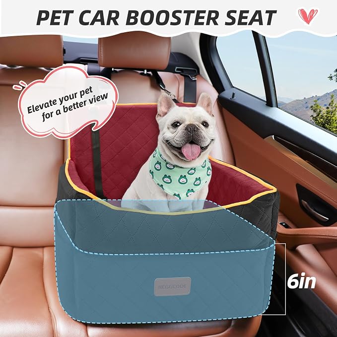 HEGGCOOE Dog Car Seat for Small Medium Dogs, Memory Foam Puppy Dog Booster Seat with Thick Cushion for Dogs Under 35lbs, Detachable Washable Pet Car Seat Travel Bed with Storage Pockets,2 Safety Belts