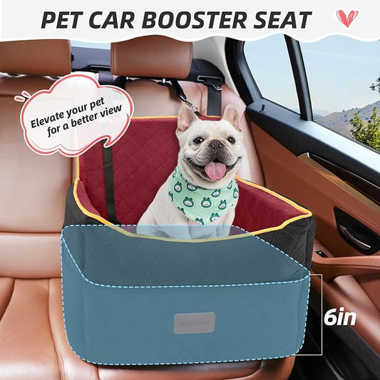HEGGCOOE Dog Car Seat for Small Medium Dogs, Memory Foam Puppy Dog Booster Seat with Thick Cushion for Dogs Under 35lbs, Detachable Washable Pet Car Seat Travel Bed with Storage Pockets,2 Safety Belts