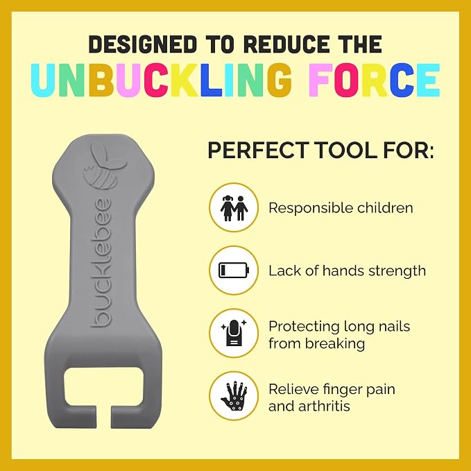 Bucklebee Easy Car Seat Buckle Release Aid for Children Unbuckle Car Seat Release Tool - Button Pusher - Opener for Nails (1 Pack Gray)