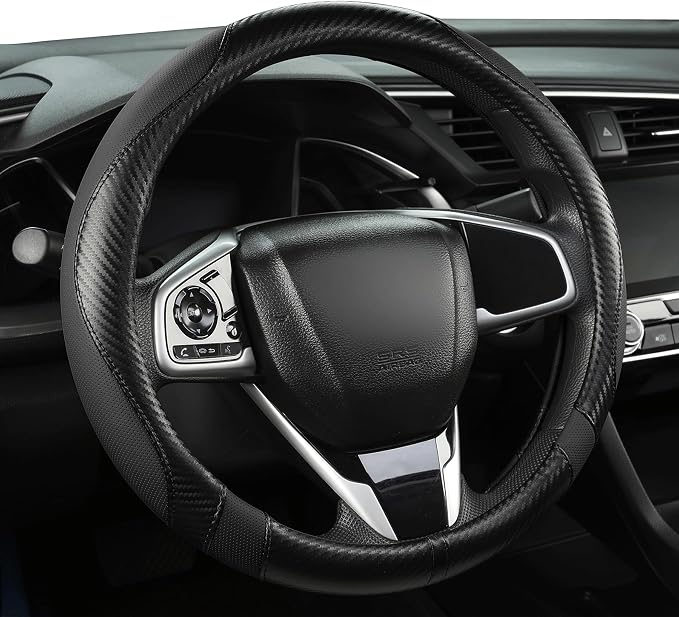 West Llama Carbon Fiber Car Steering Wheel Cover for Honda,Anti-Slip, Full Surround Breathable Leather Auto Protector(Black only)