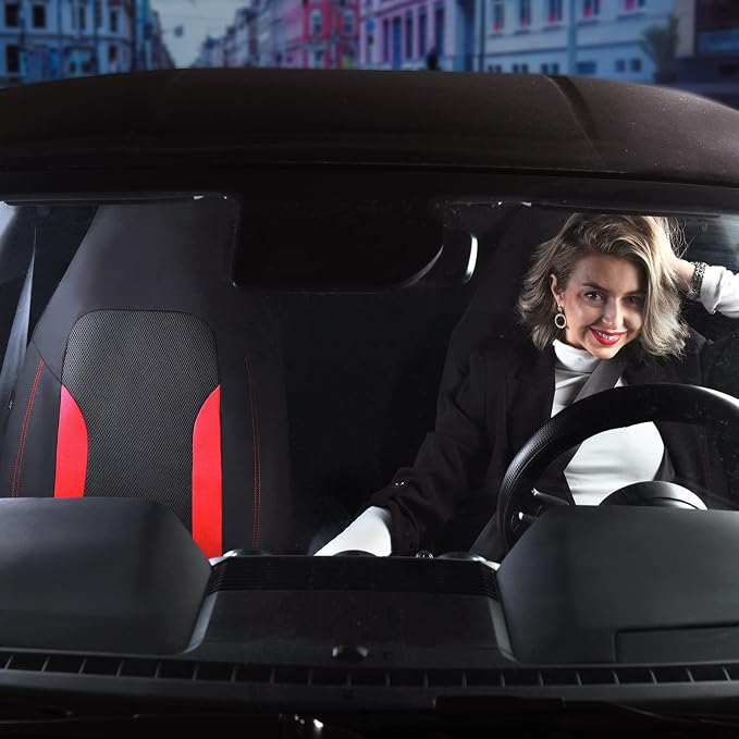 CAR PASS Bucket Car Seat Cover, Breathable 3D Air Mesh-100% Sporty Fabric Front Seats, Airbag Compatible, Universal Fit Automotive SUV Truck Sedan Vans Women, High Back Two Front 2 Piece, Black Red