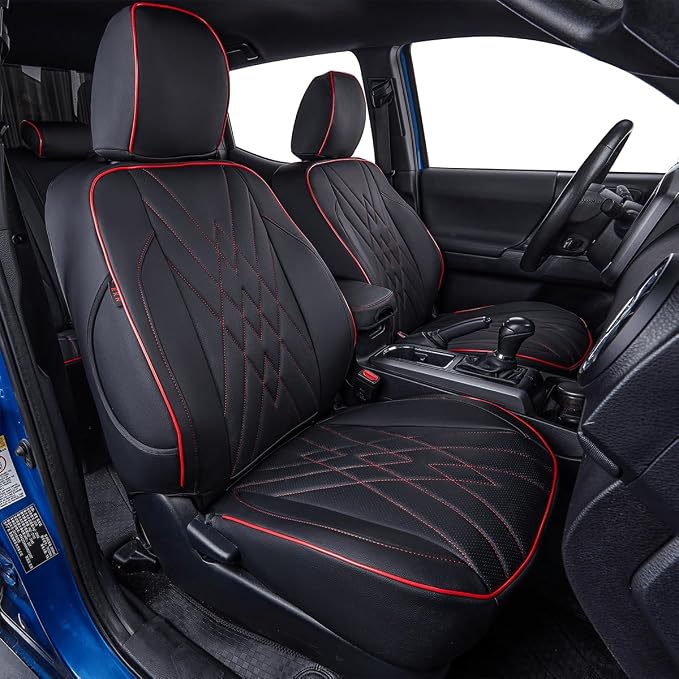 EKR Custom Fit Tacoma Leather Car Seat Covers for Toyota Tacoma 2012 2013 2014 2015 (TRD Sport Seats)- Full Set,Faux Leather(Black with Red Trim)