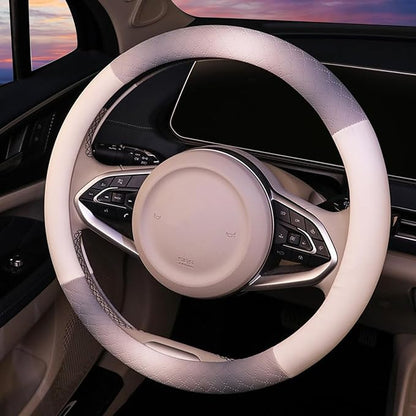 Steering Wheel Cover, Gray White Leather Steering Wheel Cover 14.5-15 Inch Non-Slip Breathable Microfiber Car Steering Wheel Covers for Men Women