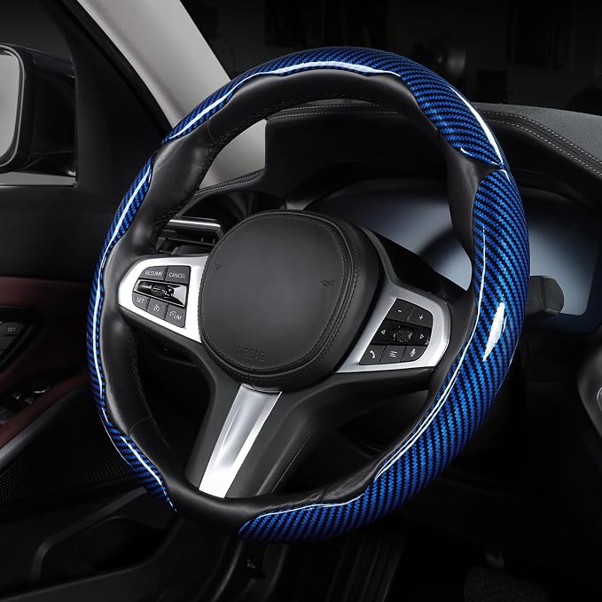 Carbon Fiber Steering Wheel Cover, Snap on Car Steering Wheel Cover Set Accessories 3pcs Wrap Grip Non Slip Protector Universal Glossy Blue