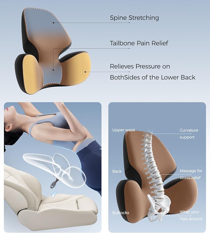 BEBAS Lumbar Support Pillow for Office Chair - Ergonomic Memory Foam Back Cushion for Lower Back Pain Relief - Washable & Breathable Cover - Fits Car Seats, Gaming Chairs & Wheelchairs (Brown)