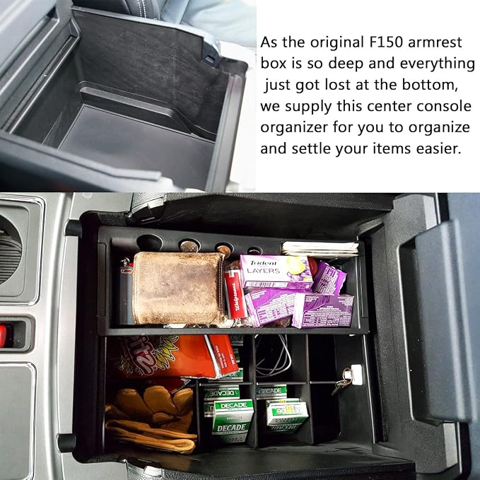 Center Console Organizer Dividers Compatible with 2015-2018 2019 2020 Ford F150 Accessories Black ABS Plastic Armrest Box Insert Secondary Storage, Full Console w/Bucket Seats ONLY