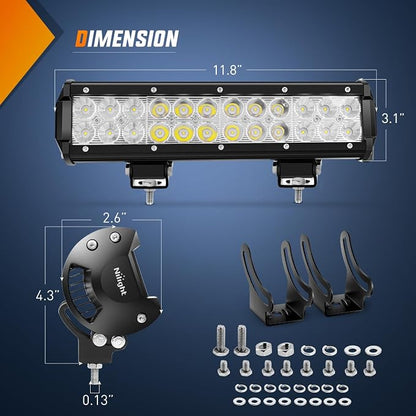 Nilight LED Light Bar with Yellow/Black Covers 2 PCS 12 Inch 72 W Spot Flood Combo Off Road Lights Super Bright Driving Fog Boat Lighting for Trucks Pickup Golf Cart SUV ATV UTV 4x4 Van Camper