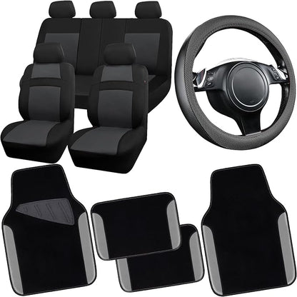 CAR PASS 3D Air Mesh Car Seat Covers Full Sets w/5mm Sponge, 4Pcs Waterproof Car Floor Mats, Steering Wheel Cover Universal Fit for SUV Sedan Truck, Airbag Compatible Automotive Interior(Black Gray)