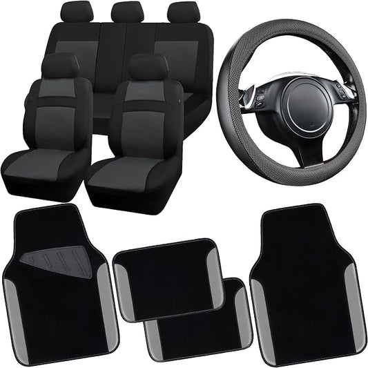 CAR PASS 3D Air Mesh Car Seat Covers Full Sets w/5mm Sponge, 4Pcs Waterproof Car Floor Mats, Steering Wheel Cover Universal Fit for SUV Sedan Truck, Airbag Compatible Automotive Interior(Black Gray)