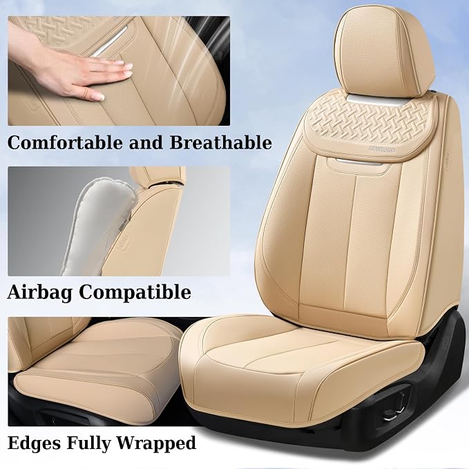 Coverado Seat Covers, Car Seat Covers Front Seats, Beige Nappa Leather Car Seat Covers, 2 Pack Waterproof Front Seat Covers, Breathable Leather Seat Cushion Universal Fit Most Cars Trucks