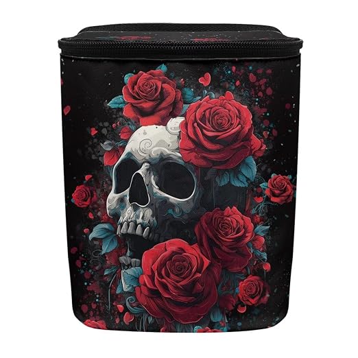 Skull Red Roses Pattern Car Trash Can with Lid and Zipper Portable Foldable Trash Bin for Car Interior Accessories Multipurpose Garbage Can Bags Storage Organizer Halloween Decor