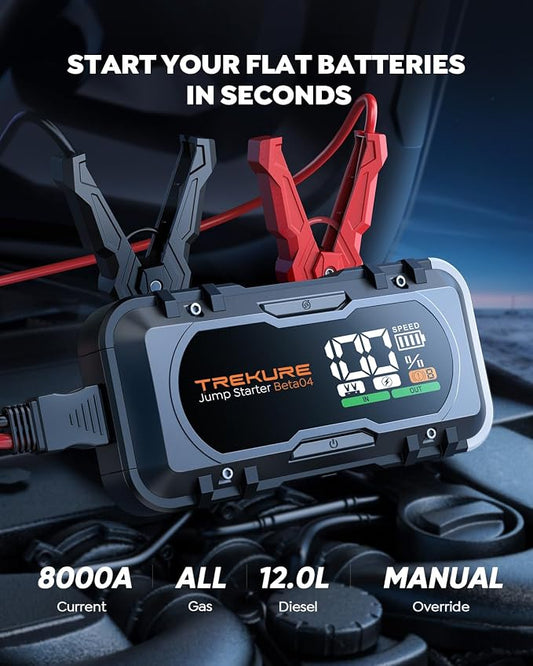 8000A Car Battery Jump Starter, Battery Jumper Starter Portable (All Gas/12L Diesel), 27000mAh 65W Charging Jump Box, Portable Car Jump Starter with 160W DC, 600LM Light, Extended Jumper Cables